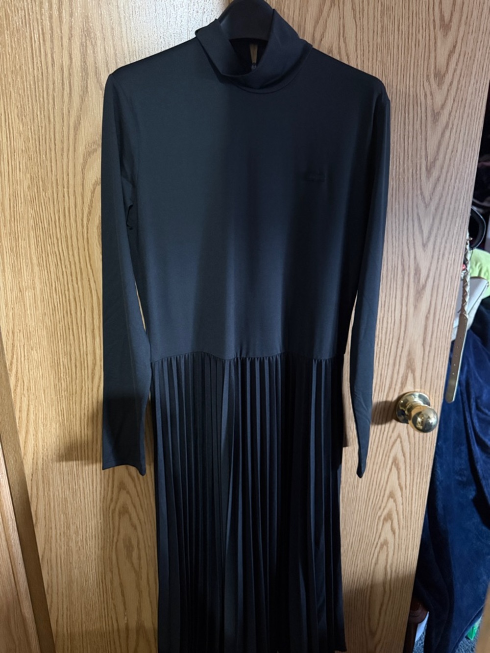 Lacoste Black Long-Sleeve Turtleneck Pleated Dress